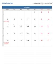 Calendar 2025 August