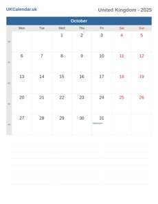 Calendar 2025 October