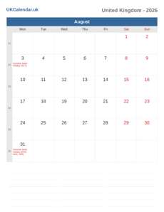 Calendar 2026 August