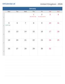 Calendar 2026 January