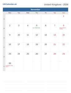 Calendar 2026 November