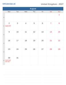 Calendar 2027 August