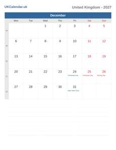 Calendar 2027 December