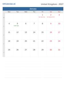 Calendar 2027 January