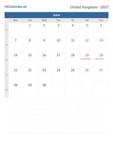 Calendar 2027 June