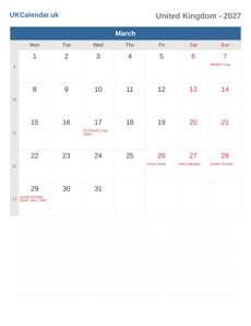Calendar 2027 March