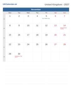 Calendar 2027 November