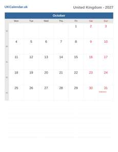 Calendar 2027 October