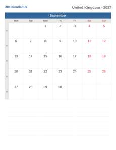 Calendar 2027 September