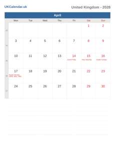 Calendar 2028 April