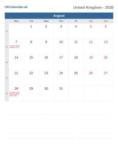 Calendar 2028 August