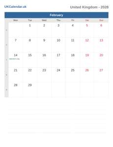 Calendar 2028 February