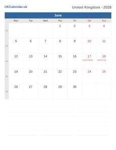Calendar 2028 June