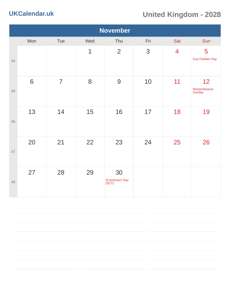 Calendar 2028 November