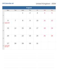 Calendar 2029 August