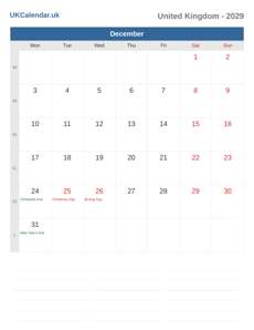 Calendar 2029 December