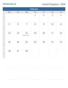 Calendar 2029 February