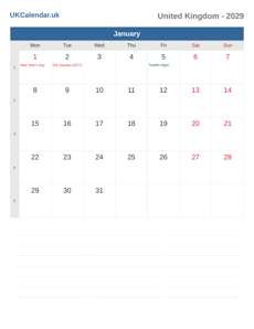 Calendar 2029 January