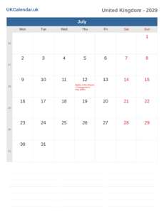 Calendar 2029 July
