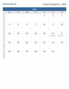 Calendar 2029 June