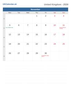 Calendar 2029 November