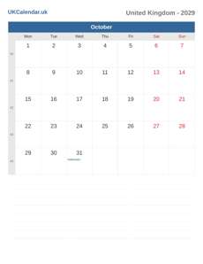 Calendar 2029 October