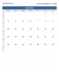 Calendar 2029 September