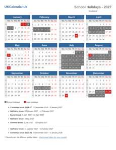School Holidays 2027